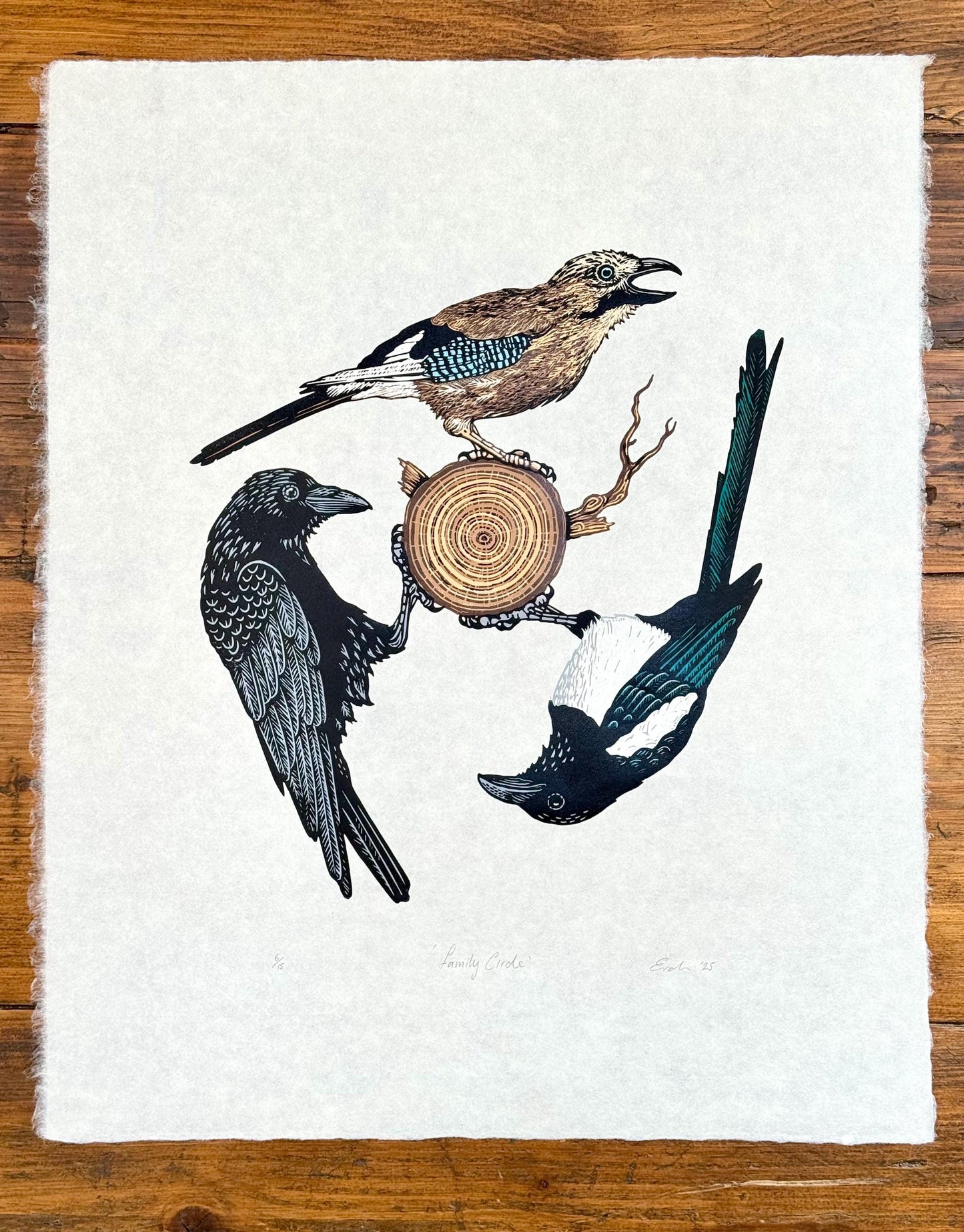 Family Circle - original linocut print of three corvids