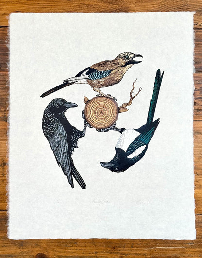 Family Circle - original linocut print of three corvids