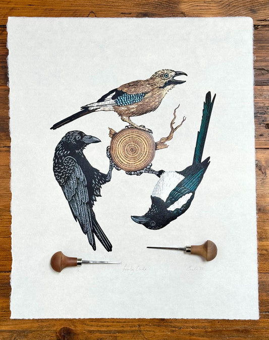 Family Circle - original linocut print of three corvids