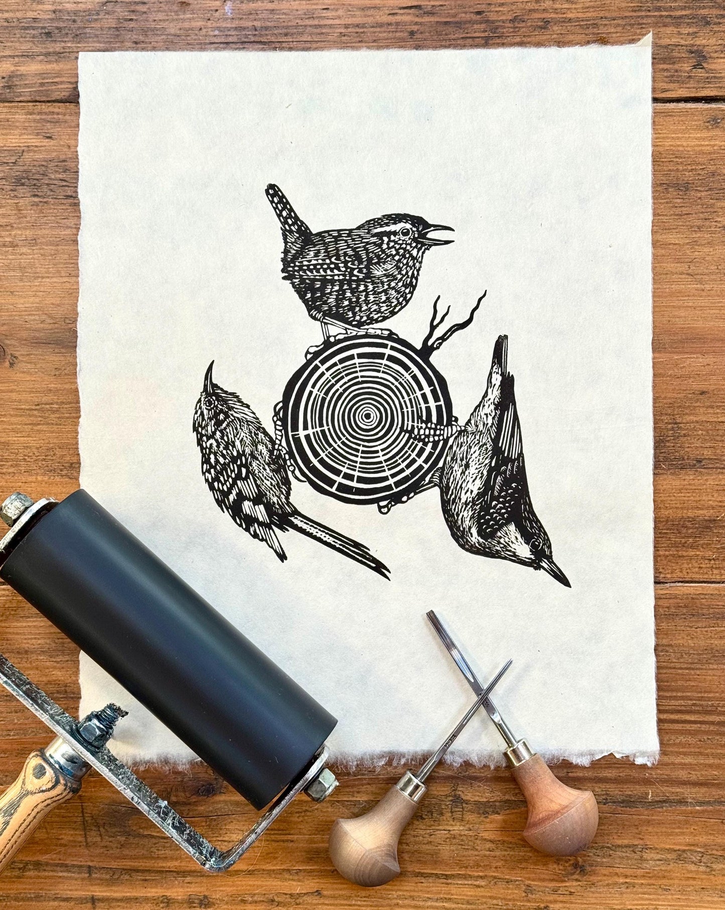Inner Circle - original linocut print of birds (single colour)