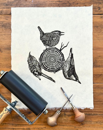 Inner Circle - original linocut print of birds (single colour)