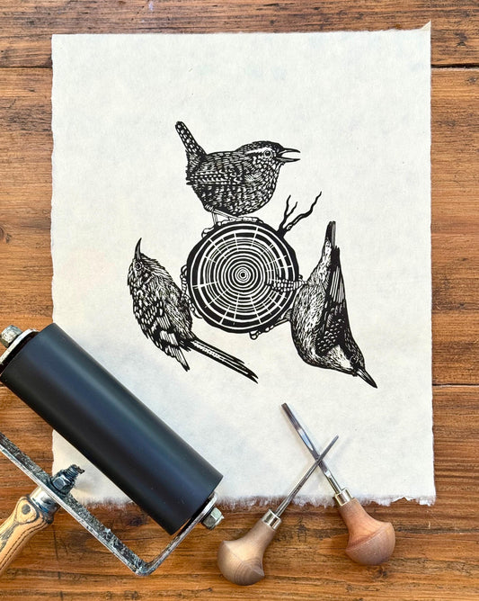 Inner Circle - original linocut print of birds (single colour)