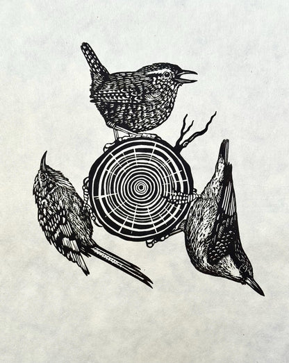 Inner Circle - original linocut print of birds (single colour)