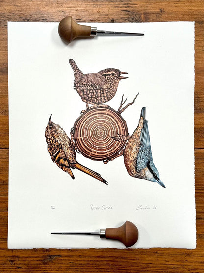 Inner Circle - original linocut print of birds (colour)