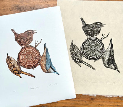 Inner Circle - original linocut print of birds (single colour)