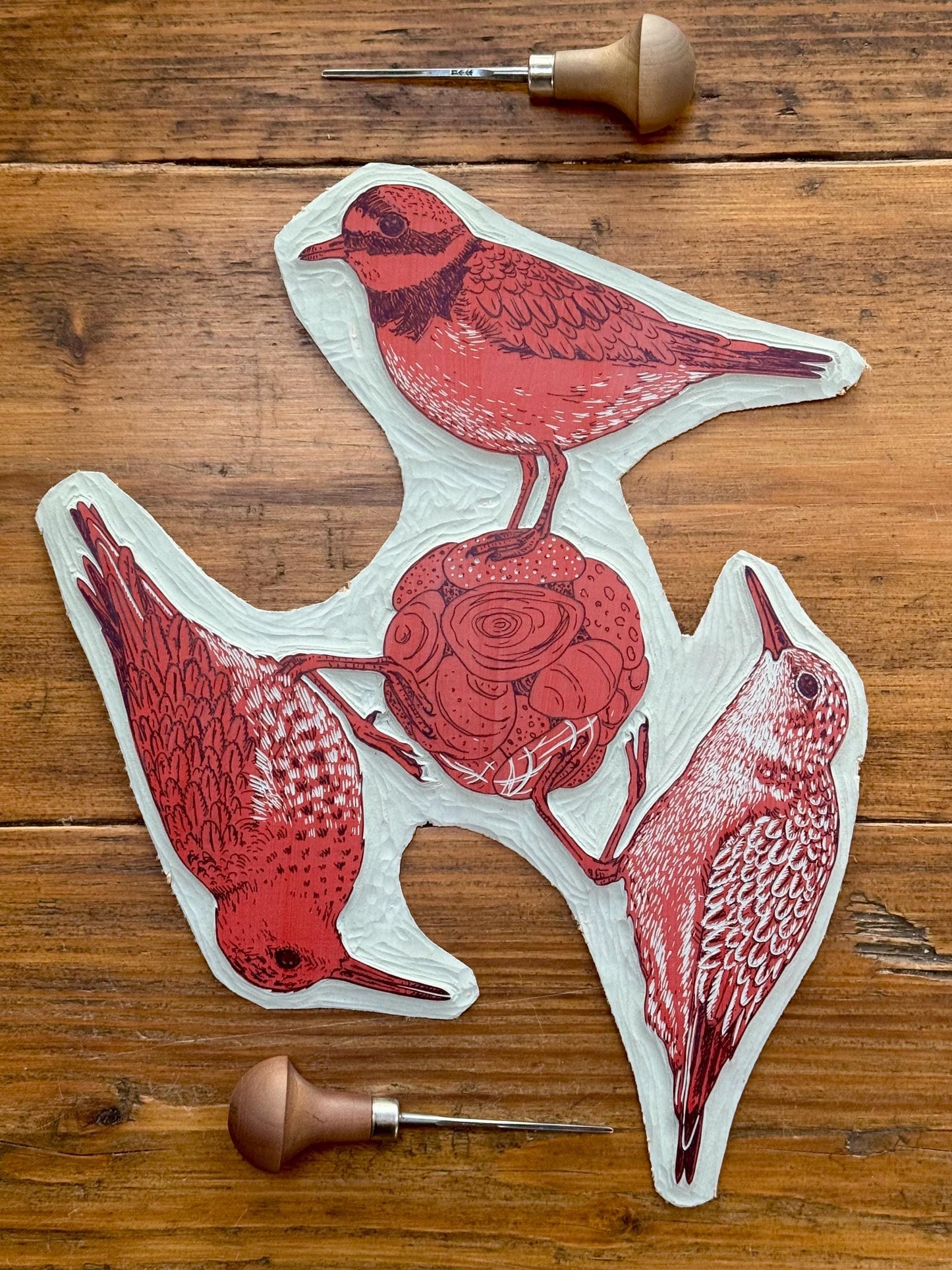 Stone Circle - original linocut print of three wading birds
