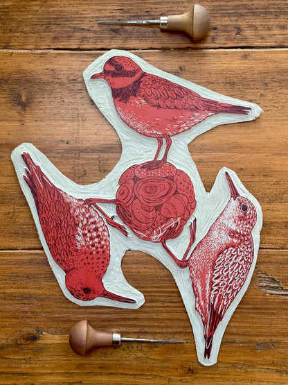 Stone Circle - original linocut print of three wading birds