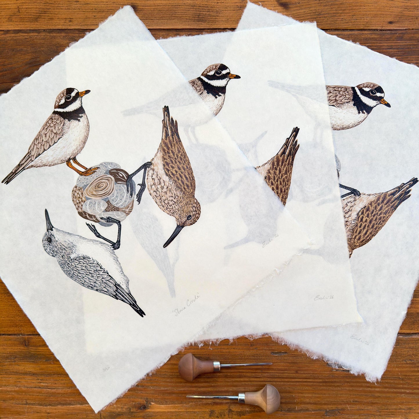 Stone Circle - original linocut print of three wading birds