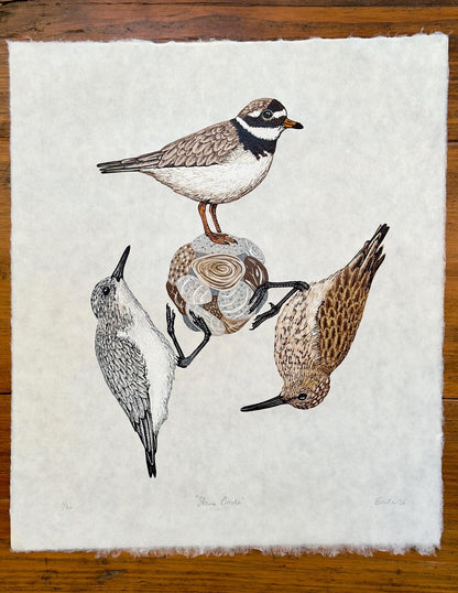 Stone Circle - original linocut print of three wading birds