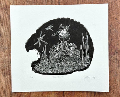 The Nest - Great Crested Grebe wood engraving