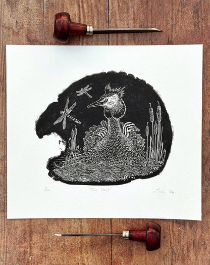 The Nest - Great Crested Grebe wood engraving