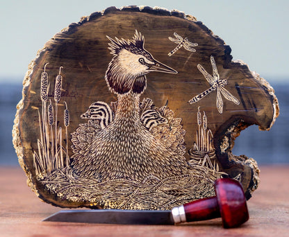 The Nest - Great Crested Grebe wood engraving