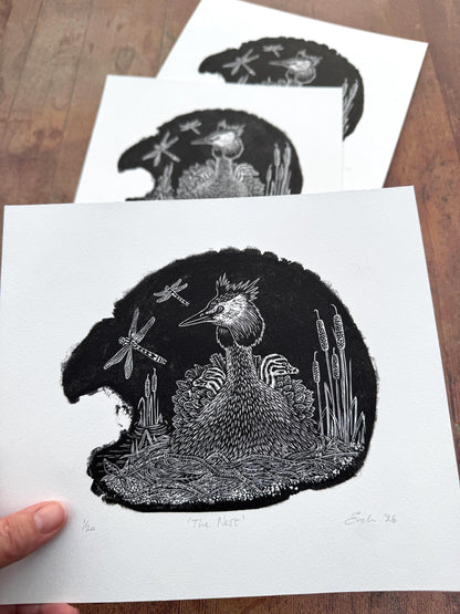 The Nest - Great Crested Grebe wood engraving