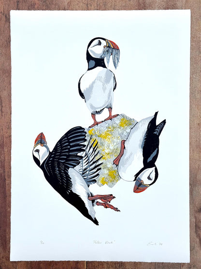 Puffin Rock - original linocut print
