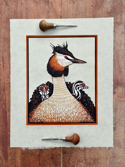 Grebes - original linocut print of great crested grebes
