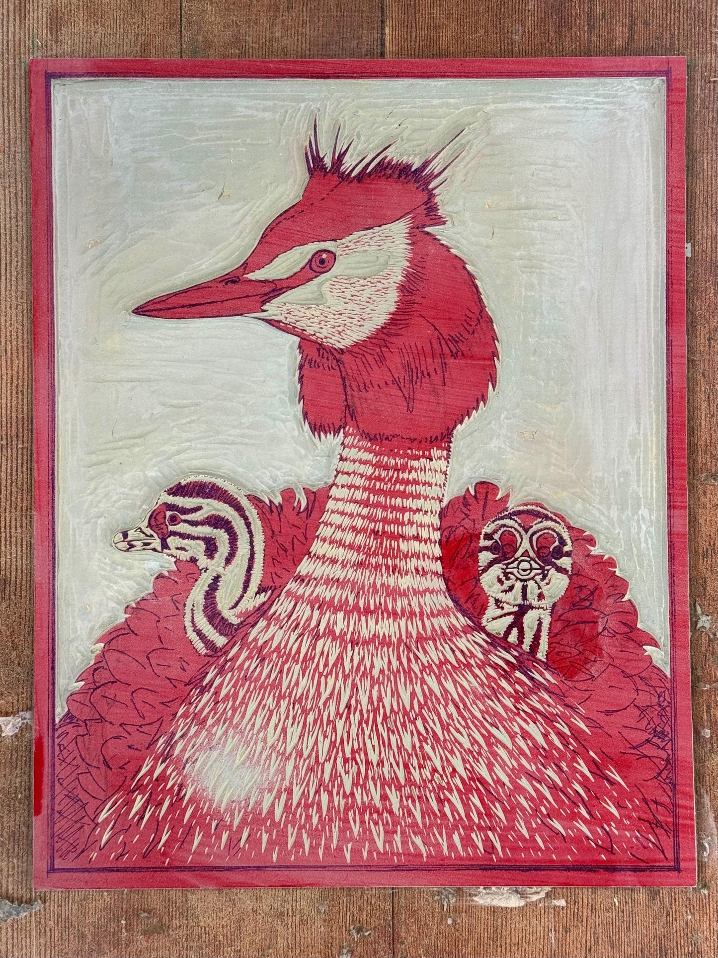 Grebes - original linocut print of great crested grebes