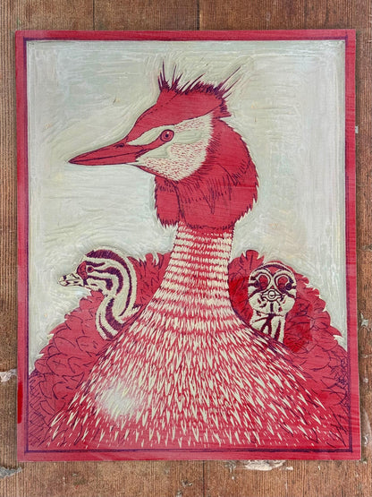 Grebes - original linocut print of great crested grebes