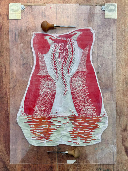 Weed dance - original linocut print of great crested grebes