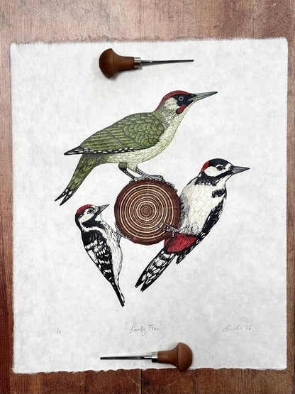 Family Tree - original linocut print of three woodpeckers