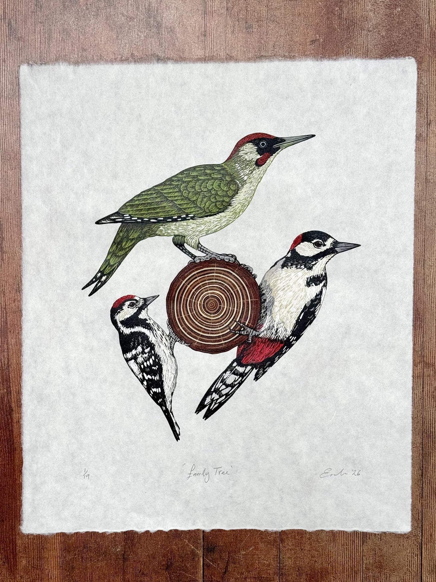 Family Tree - original linocut print of three woodpeckers
