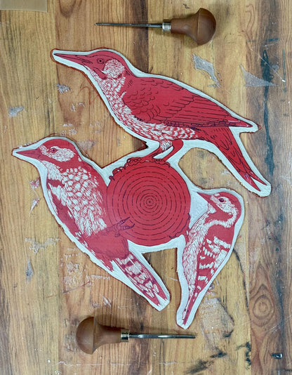Family Tree - original linocut print of three woodpeckers