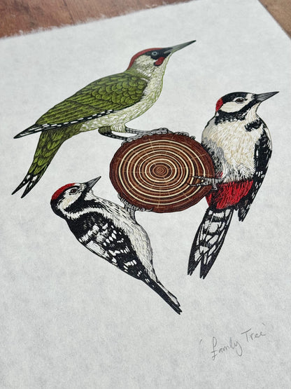 Family Tree - original linocut print of three woodpeckers