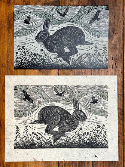 Linocut print of hare and crows