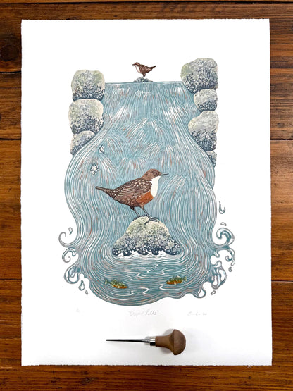 Dipper Falls - original linocut print of a white-throated dipper