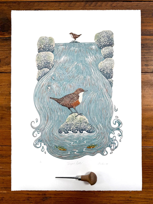 Dipper Falls - original linocut print of a white-throated dipper