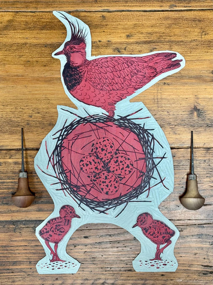 Lapwing Nest - colour linocut print of Lapwings