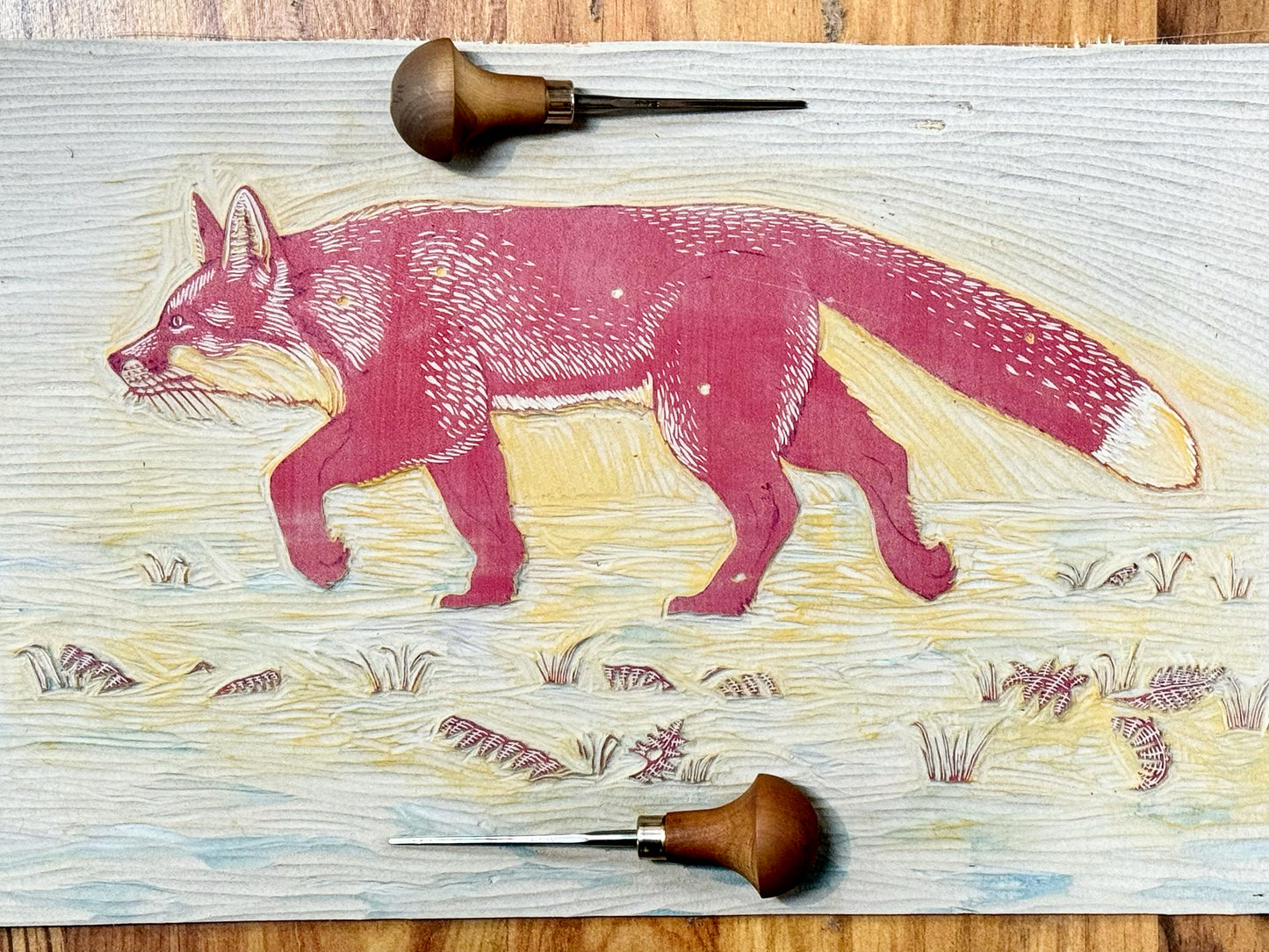 Fox in snow linocut print